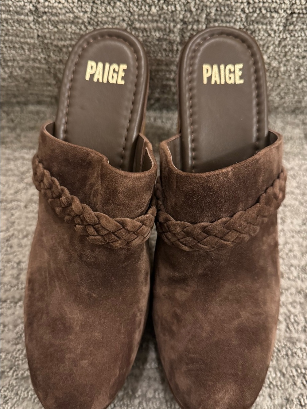 PAIGE Dark Brown Suede Braided Mule Slides